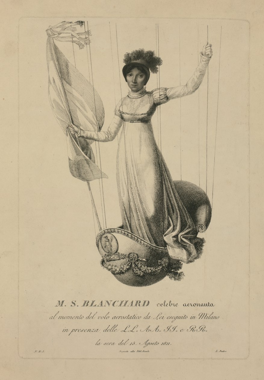Sophie Blanchard i kurven med ballongen sin under hennes Milano-flukt i nærvær av Napoleon, 1811 av L. Rados