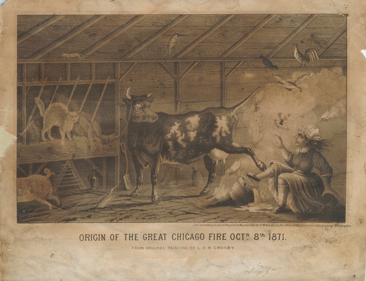 Opprinnelsen til den store Chicago-brannen 8. oktober 1871, ca. 1872 av L. V. H. after Crosby