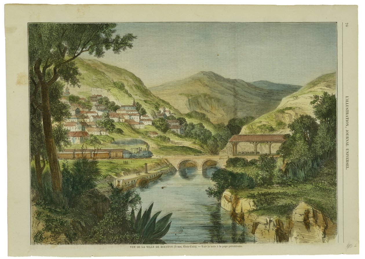 Vue de la Ville de Houston, ca. 1855-1865 (håndfarget tregravering på vevet tremassepapir) av L. after Regnier