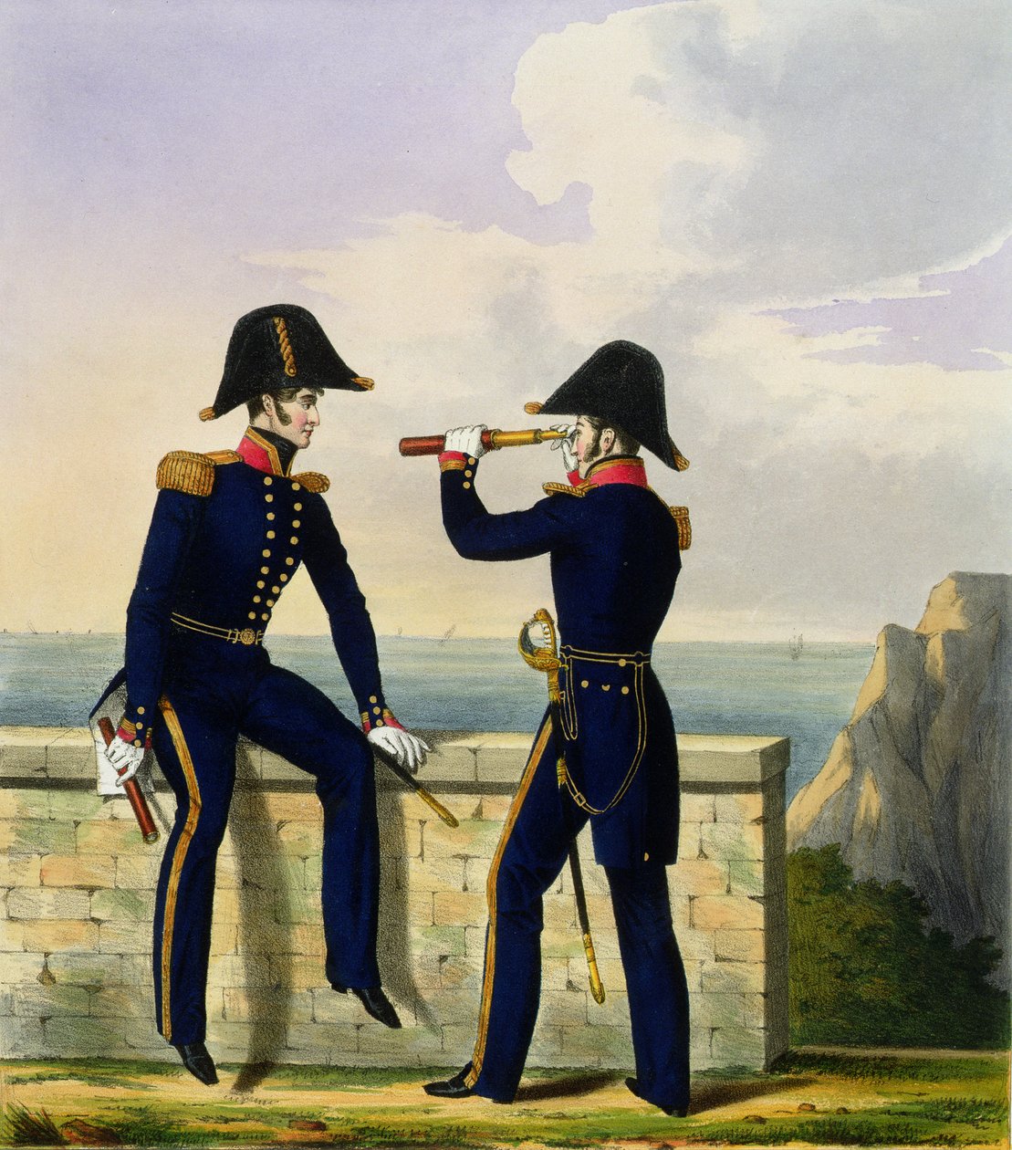 Løytnanter, plate 1 fra 'Costume of the Royal Navy and Marines', gravert av kunstnerne, ca. 1830-37 (fargelitografi) av L. and Eschauzier, St. Mansion