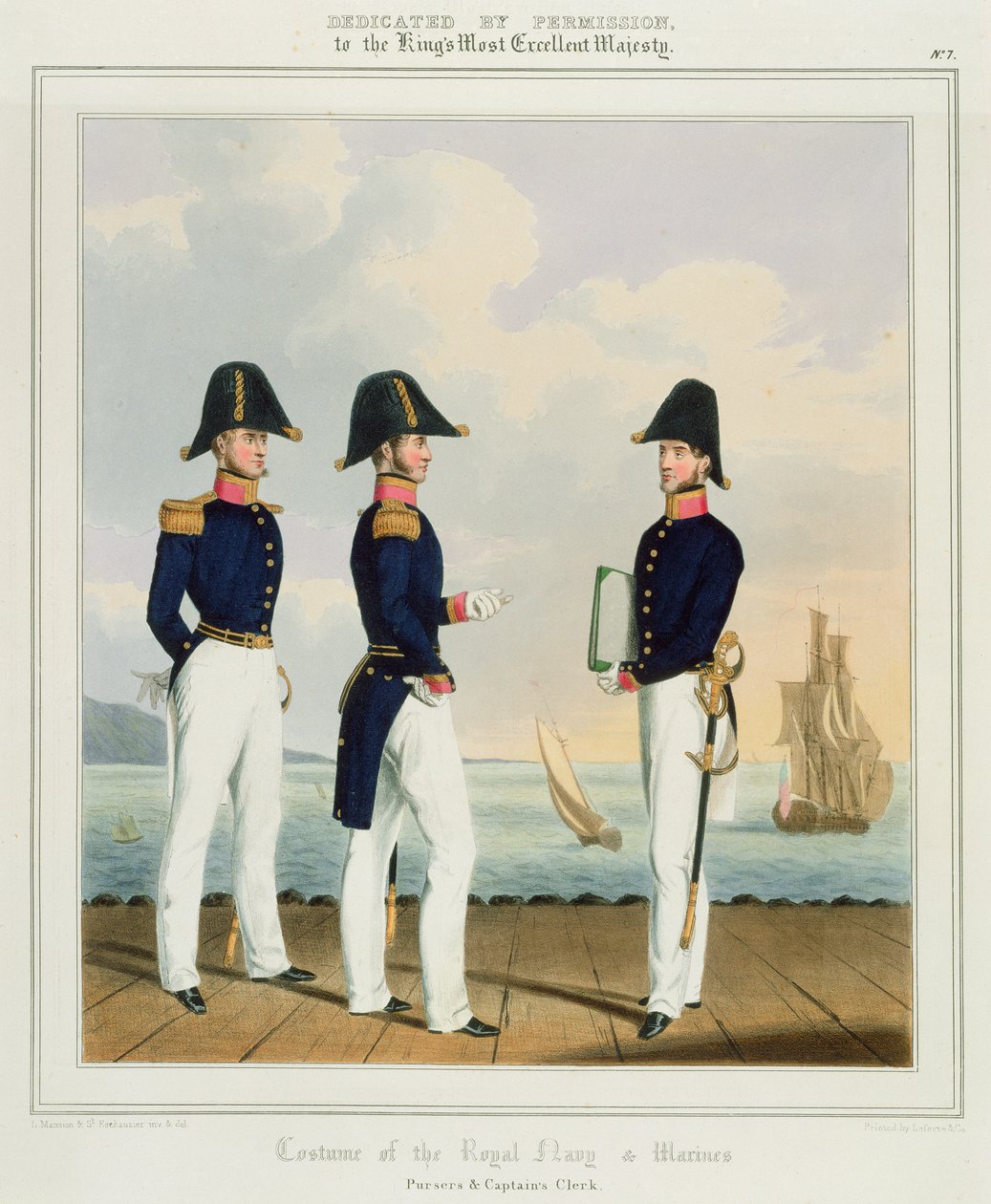 Pursers and Captain's Clerk, plate 7 fra 'Costume of the Royal Navy and Marines', gravert av kunstnerne, ca. 1830-37 av L. and Eschauzier, St. Mansion