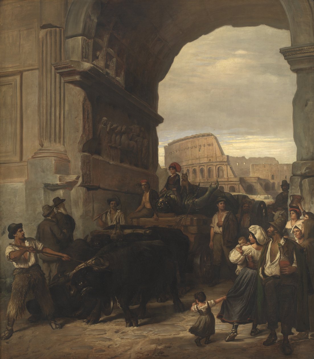 Romerske arbeidere som transporterer en antikk keiserstatue fra Colosseum gjennom Titusbuen til Capitoline-museene av L.A. Schou