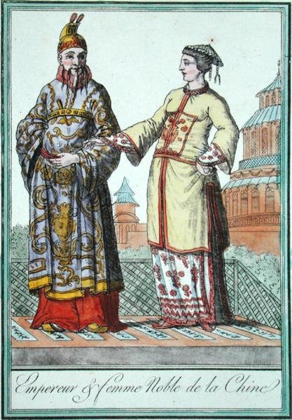 En kinesisk keiser og edel kvinne, fra en av kostymestudiene av Jules Grasset de Saint-Sauveur (1757-1810) 1796 (fargegravering) av L.F. Labrousse