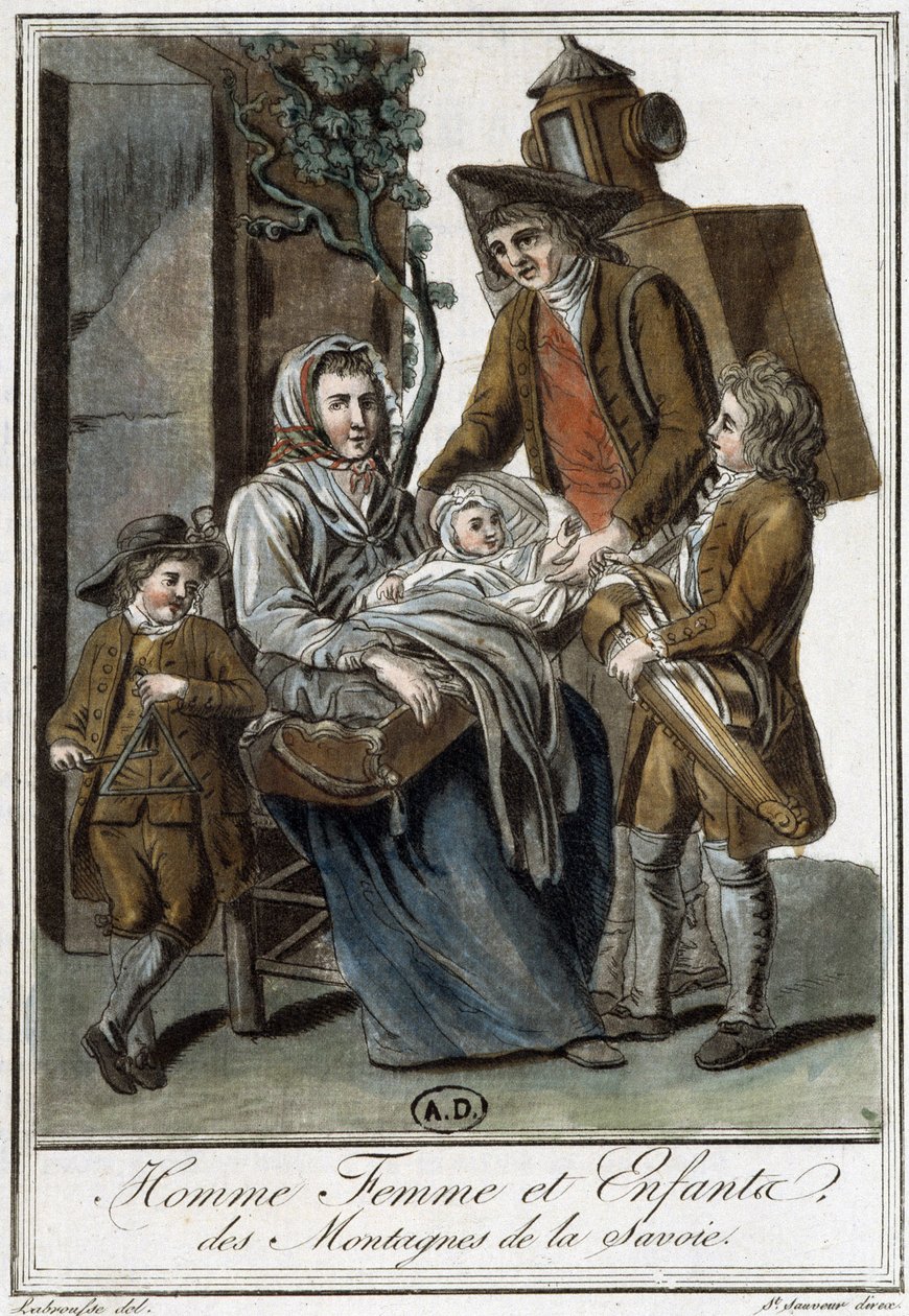 Family of Savoyards Peasants - i "" Encyclopedia of Travels"" av J. Grasset St Sauveur, Deron, Paris av L.F. Labrousse