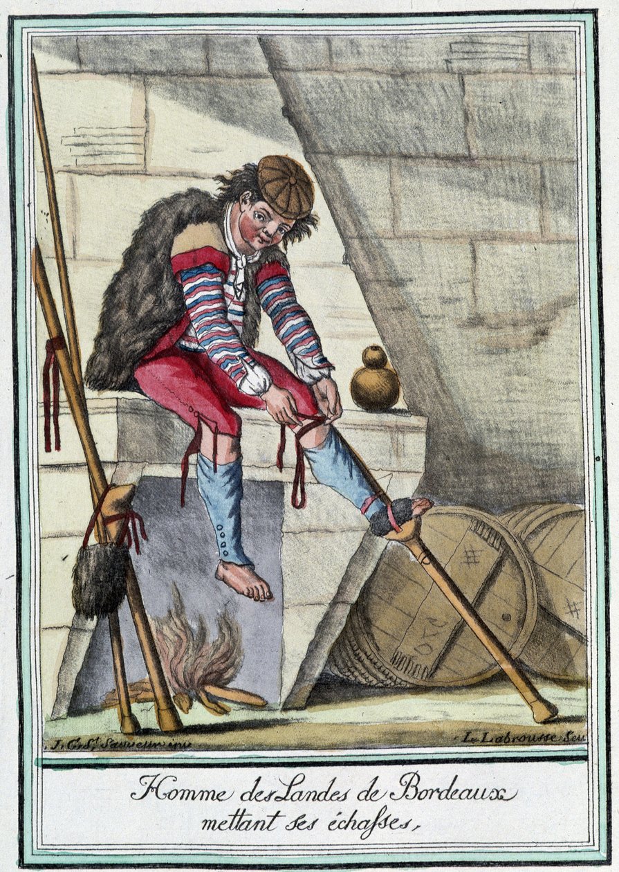 Mann fra Landes de Bordeaux tar på seg stylter - i "" Encyclopedia of Travels"" av J. Grasset St Sauveur, Deron, Paris av L.F. Labrousse