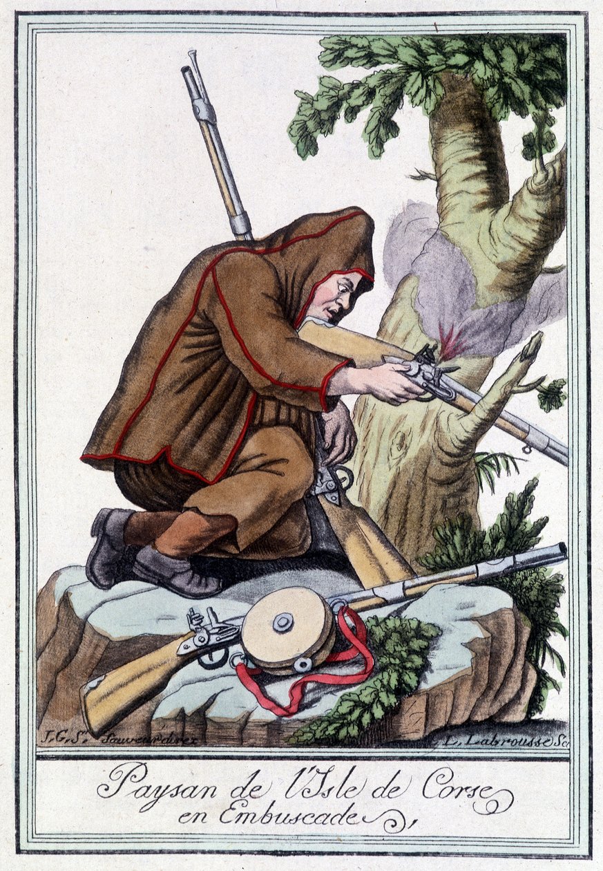 Bonde fra Isle of Corsica i bakhold - i "" Encyclopedia of Travels"" av J. Grasset St Sauveur, Deron, Paris av L.F. Labrousse