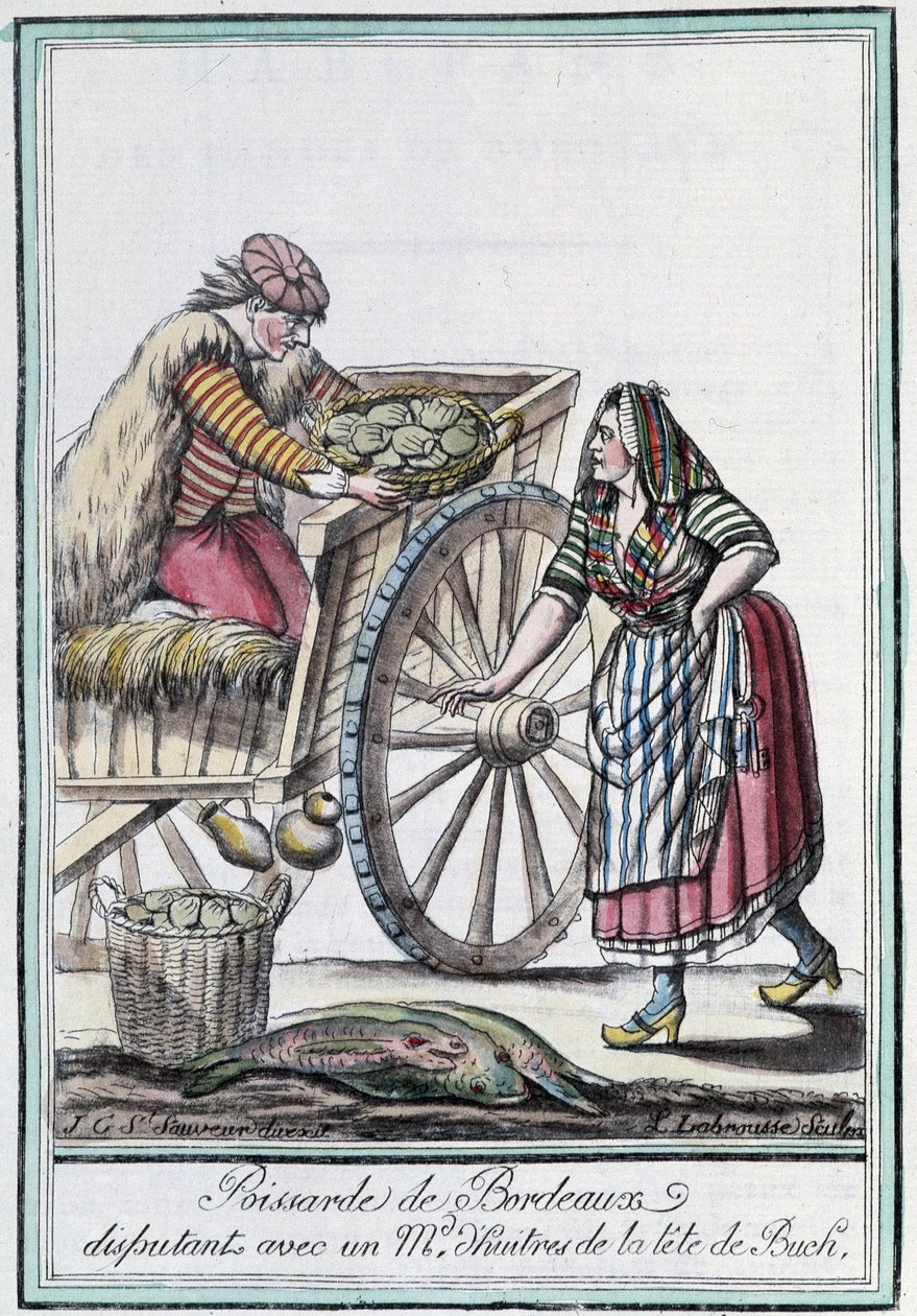 Poissarde de Bordeaux diskuterte med en østershandler fra lederen av Buch - i "" Encyclopedia of travels"" av J. Grasset St Sauveur, Deron, Paris av L.F. Labrousse