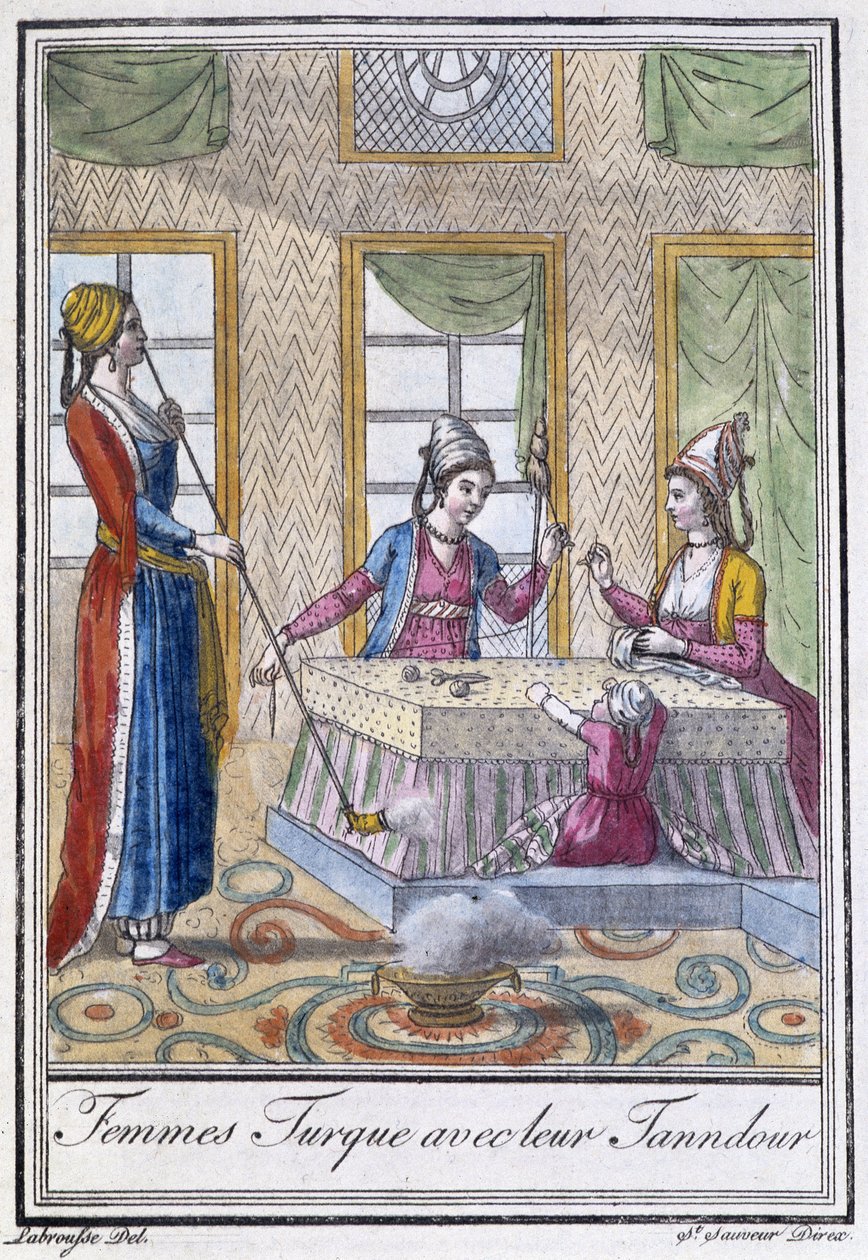 Tyrkiske kvinner med deres Tanndour - i "" Encyclopedia of Travels"" av J. Grasset St Sauveur, red. Deroy, Paris av L.F. Labrousse