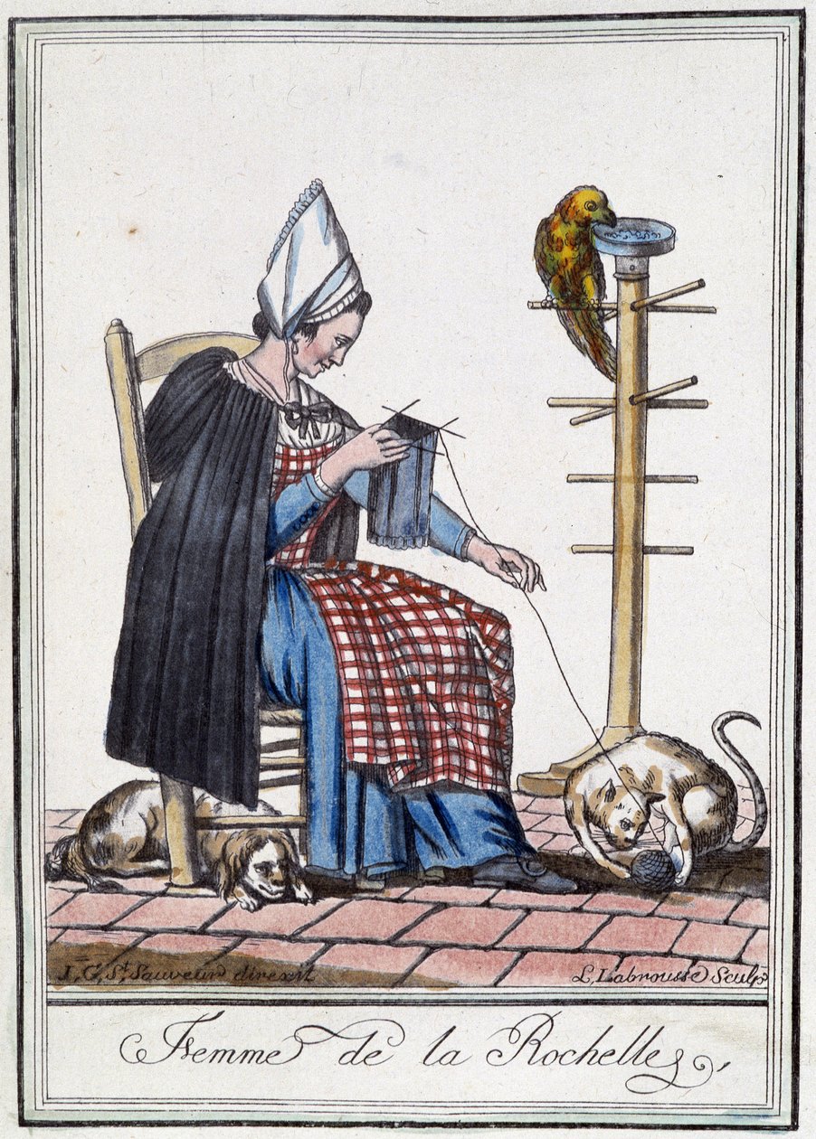 Kvinne fra La Rochelle strikker med en hund, en papegøye og en katt som leker med ullkulen. av L.F. Labrousse