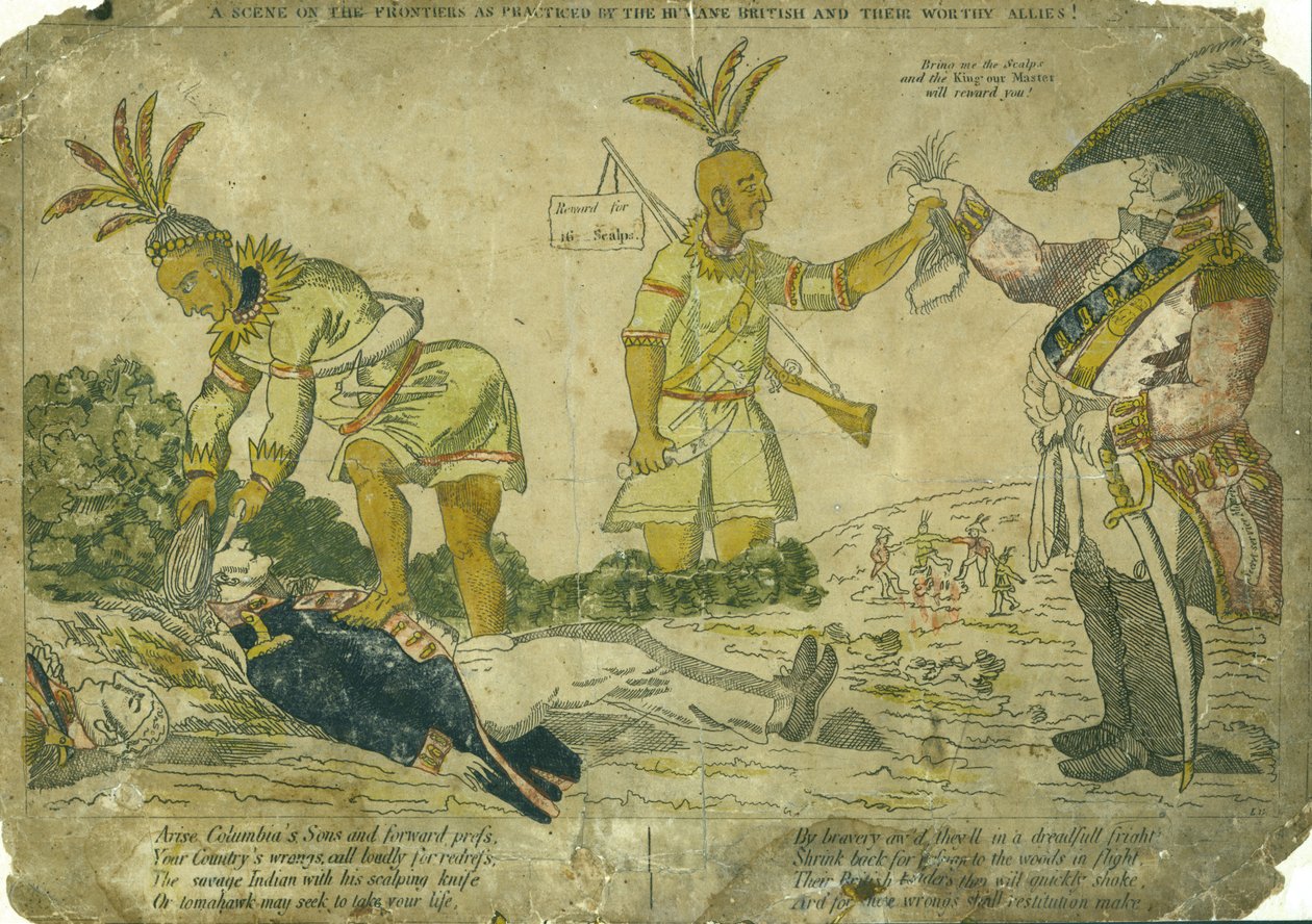 Horisontal, håndfarget gravering som viser en britisk offiser som betaler amerikanske indianere til hodebunnen og amerikansk soldat av LG after William Charles