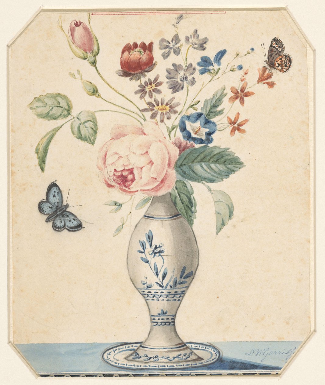 Vase med blomster og en blå sommerfugl av L.W. Garrison