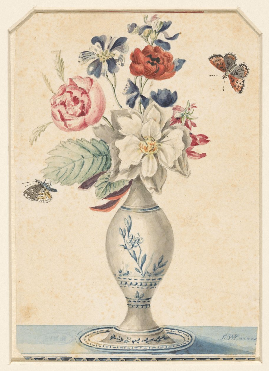 Vase med blomster og en grå-gul sommerfugl av L.W. Garrison