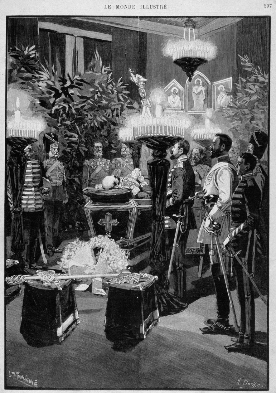 Utstilling av kroppen til den russiske keiseren Alexander III. Tegning av Moulignié. "Den illustrerte verden" av L. Moulignie