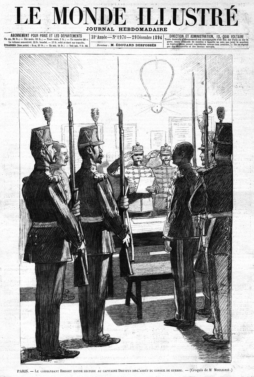 The commander read, to Captain Alfred Dreyfus, the Arrest of the War Council, Paris. Sketch of Mr. de Moulignie. In “” Le Monde Illustré”” Weekly Journal No. 1970 of 29 December 1894. av L. Moulignie