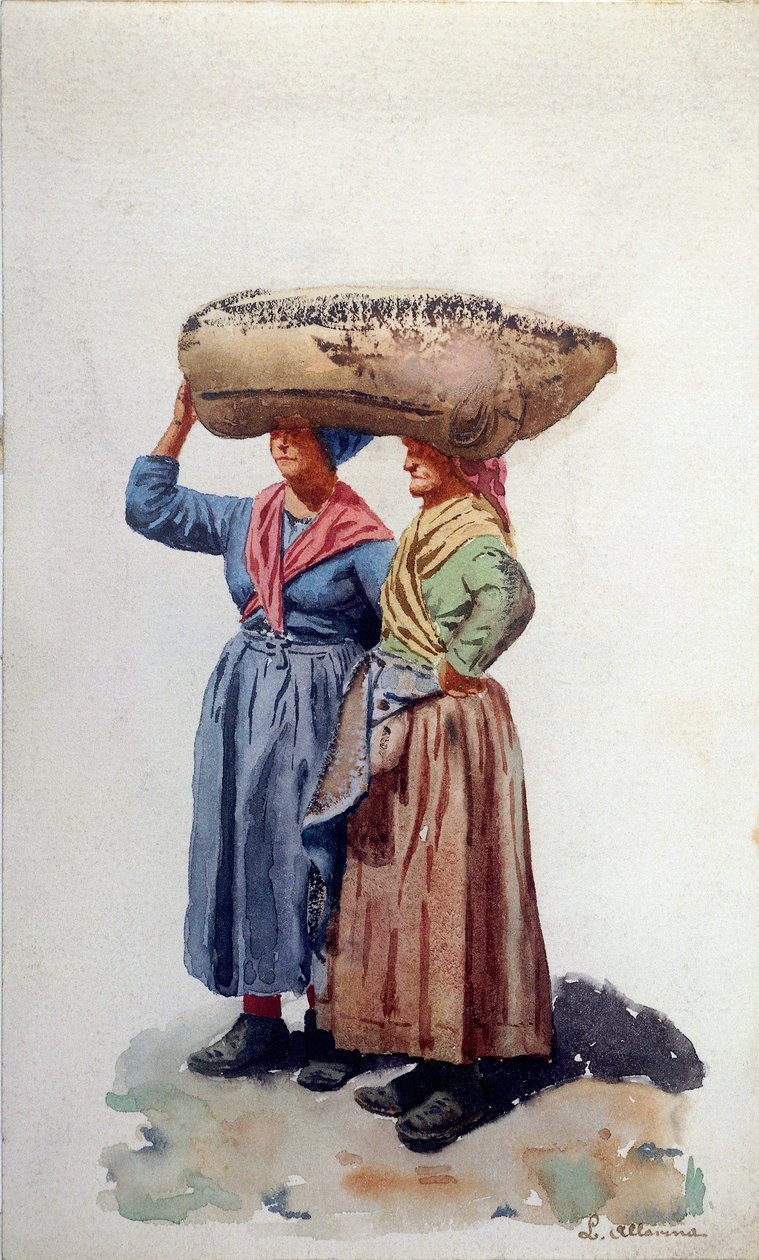 To kvinnelige havnearbeidere ved Genova havn, ca. 1890 (akvarell på papir) av L. Allavena