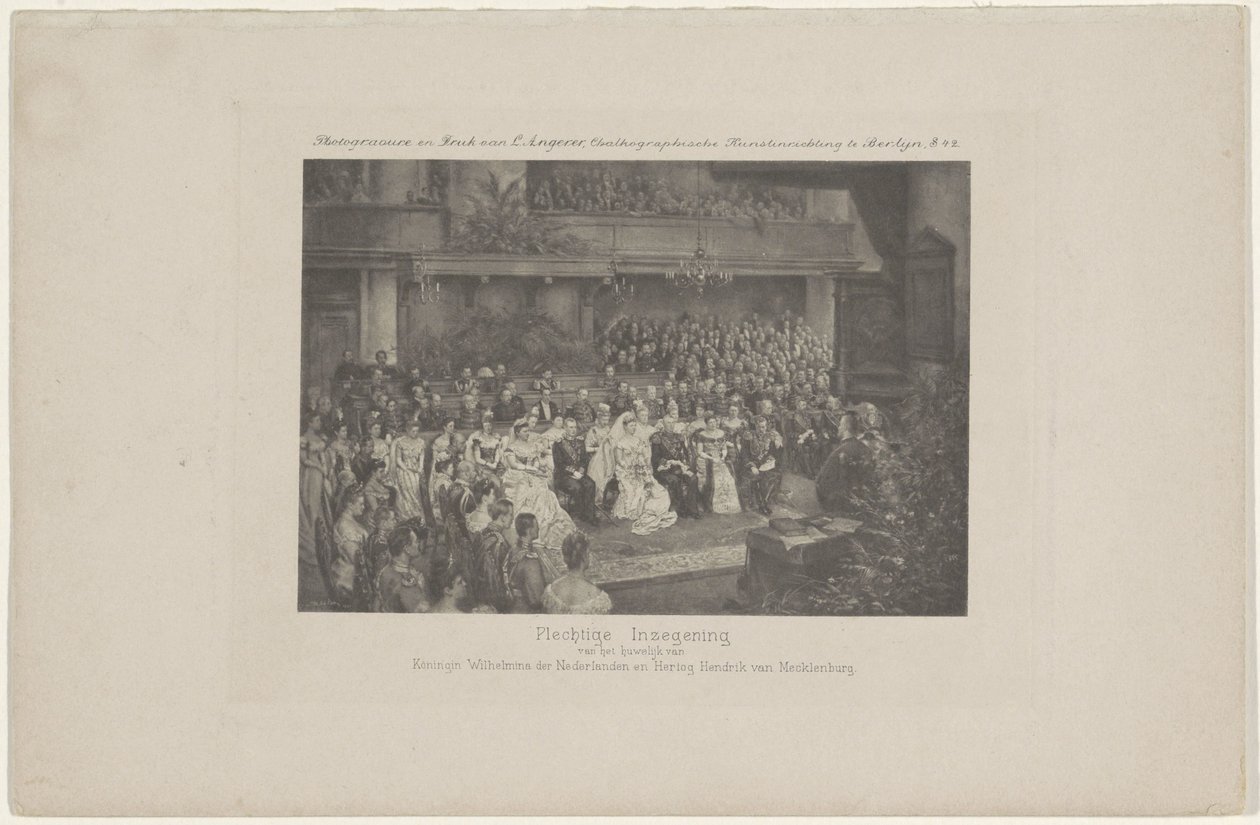 Velsignelse av ekteskapet til dronning Wilhelmina og prins Hendrik, 1901 Høytidelig velsignelse av ekteskapet til dronning Wilhelmina av Nederland og hertug Hendrik av Mecklenburg (tittel på objekt) av L. Angerer