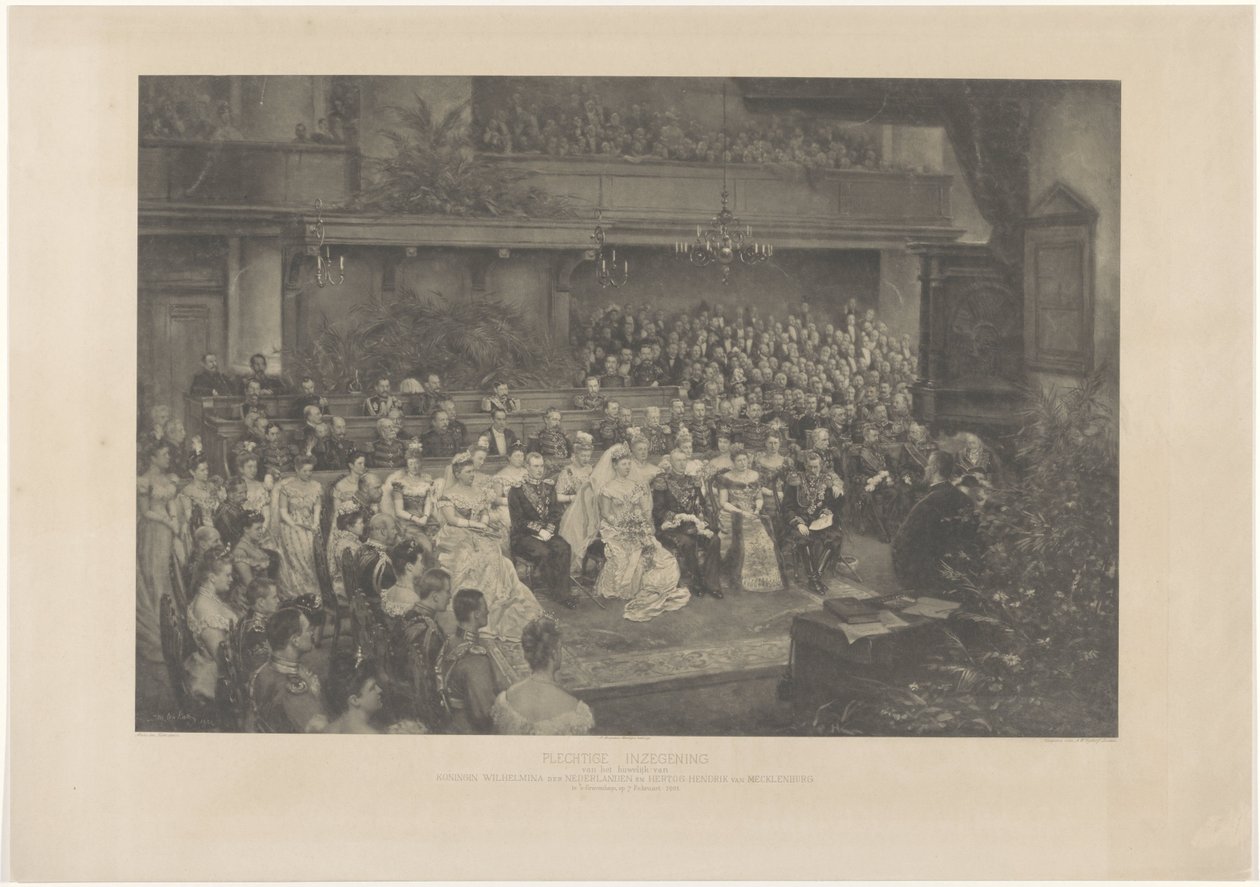 Høytidelig velsignelse av ekteskapet til dronning Wilhelmina av Nederland og hertug Hendrik av Mecklenburg i Haag, 7. februar 1901 (tittel på objekt) av L. Angerer
