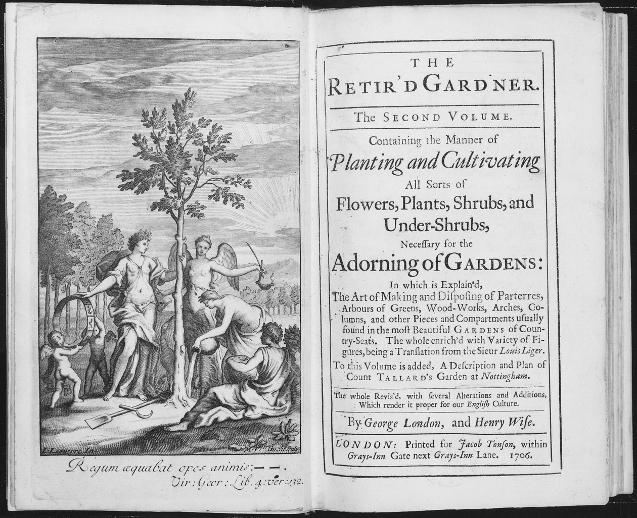 Frontispice til The Retird Gardener av George London og Henry Wise, gravert av Van der Gucht, 1706 (bw-foto) av L. Laguerre