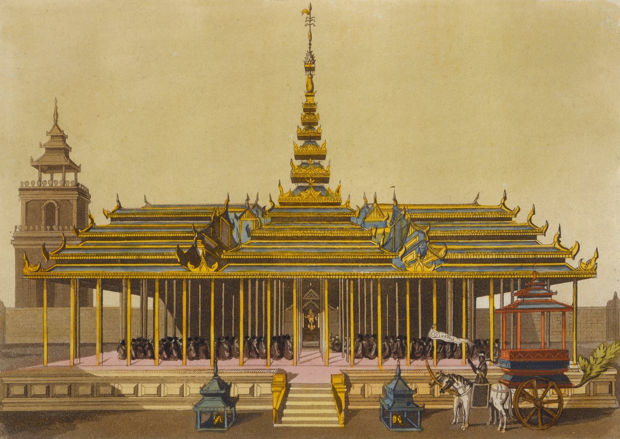 Kongen av Siam henvender seg til hoffmenn i sin paviljong, plate 69 fra Le Costume Ancien et Moderne av Jules Ferrario, gravert av Gaetano Zancon (1771-1816) utgitt ca. 1820-30-tallet av L. Rossi