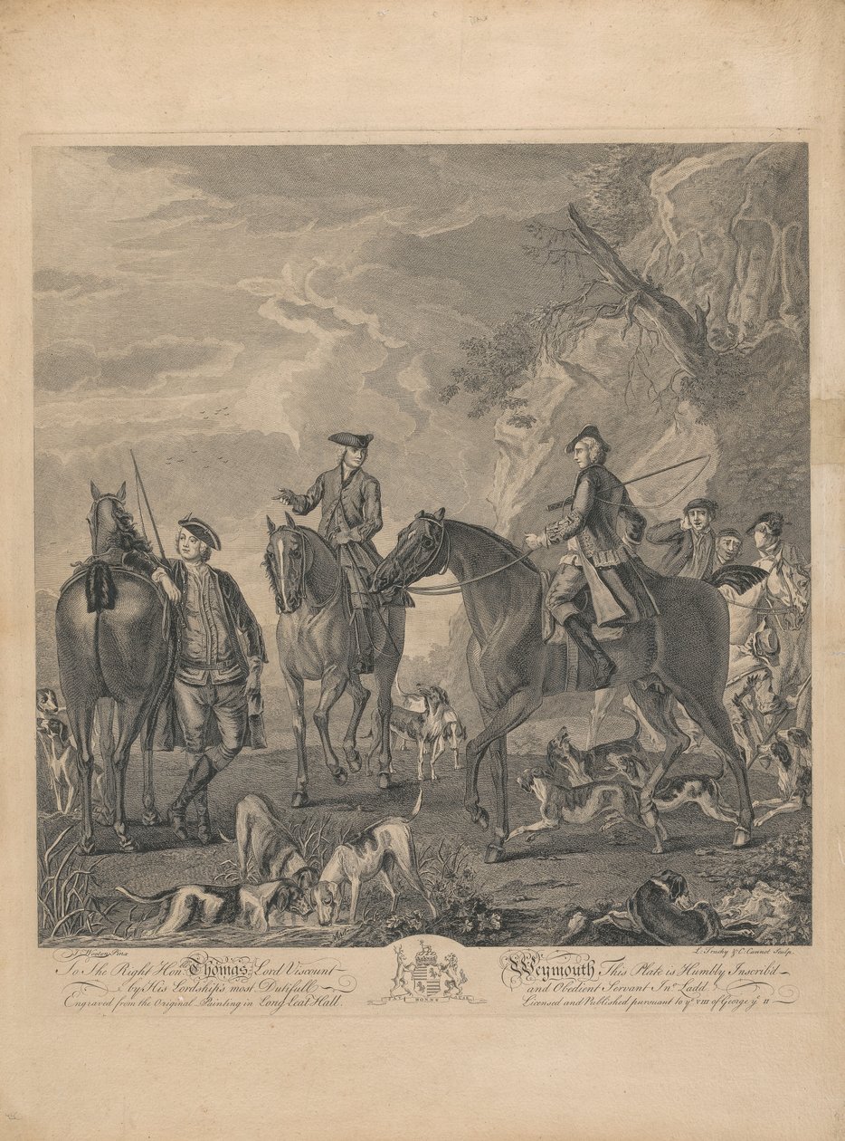 Et sett på syv, uten tittel, hver dedikert: Til høyre, ære. Thomas Lord Viscount Weymouth ... fra originalmaleriet i Long Leat Hall. [Ryttere og hunder som hviler i et steinete landskap.] av L. Truchy