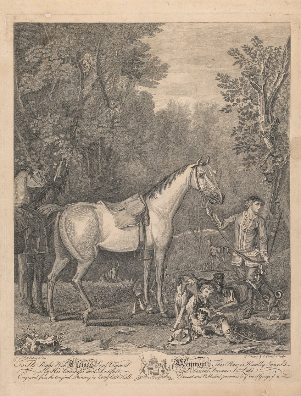Et sett på syv, uten tittel, hver dedikert: Til Høyre Hon'ble. Thomas Lord Viscount Weymouth ... fra originalmaleriet i Long Leat Hall. [To ryttere ved et gårdshus spør om veiledning fra en bonde; en brønn til venstre, med et par revehunder...] av L. Truchy