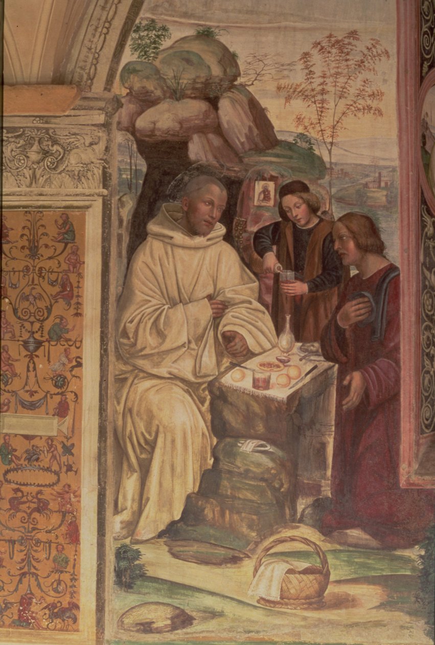 St. Benedikt mot et landskap, fra St. Benedikts liv (detalj) av L. and Sodoma, G. Signorelli