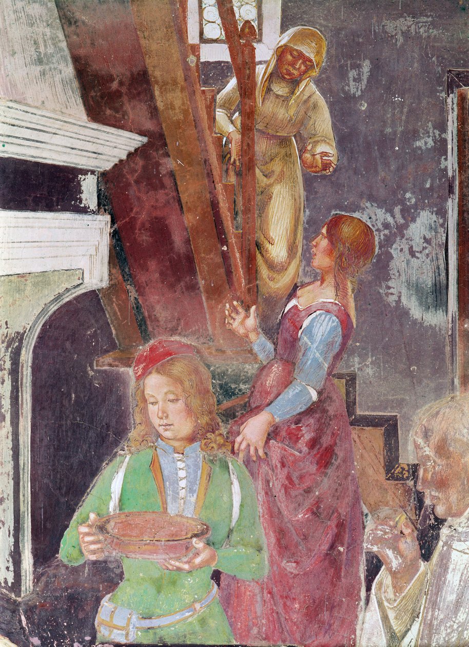 Ung tjener som holder en tallerken, detalj av St. Benedict Receiving Hospitality, fra St. Benedicts liv, 1497-98 (detalj av 164410) av L. and Sodoma, G. Signorelli