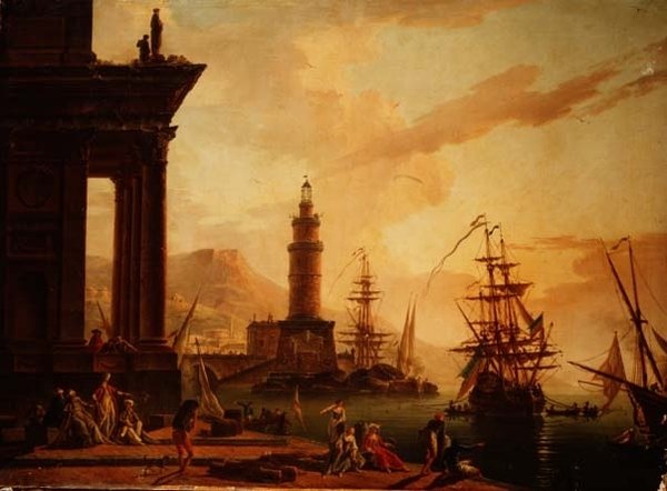 Capriccio av en middelhavshavn med en nederlandsk fregatt og annen skipsfart av La Croix de Marseilles