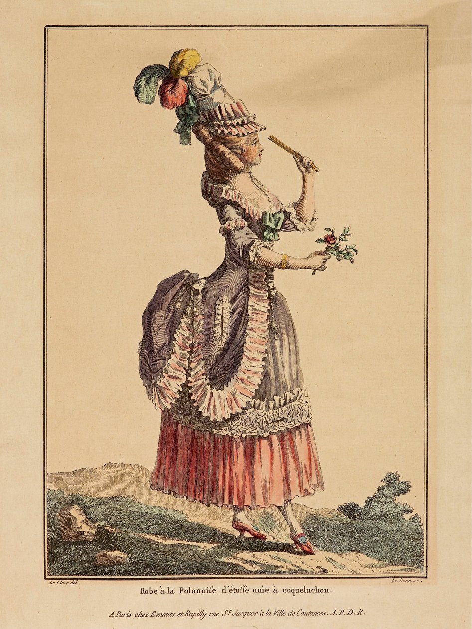 Motegalleriet; Leclerc; Dupin - print; farget gravering - Poloniose kjole av vanlig stoff med valmue hette av La Gallerie des Modes, Le Clerc, Dupin