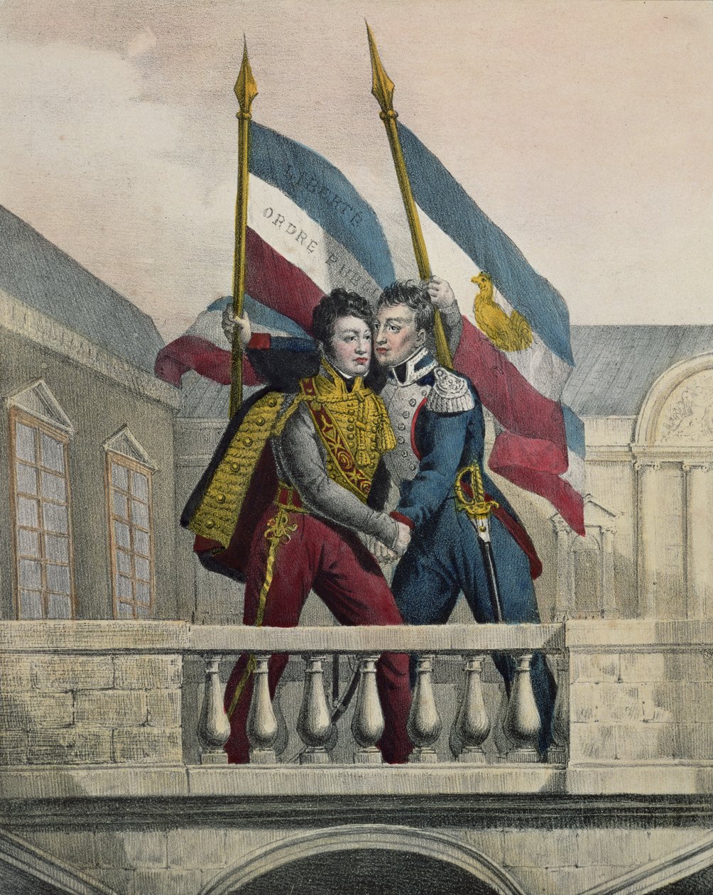 Hertugen av Orleans omfavner general La Fayette og hever de nasjonale fargene på terrassen til Palais-Royal, 30. juli 1830 av Labastide