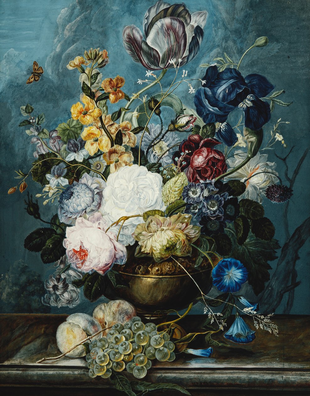 Roser, en tulipan, en iris, georginer, lamium, forglemmigei, convolvulus, auricula og delphiniums i en vase med druer og fersken på en steinhylle, av Ladislaus Tumal