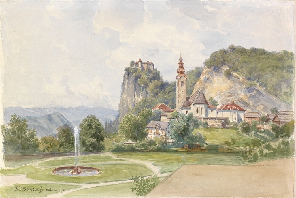 Bled-sognekirke med et slott i bakgrunnen av Ladislav Benesch