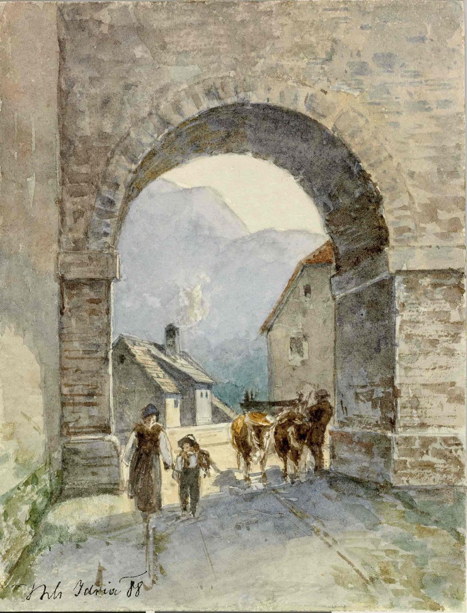 Idrija-utsikt gjennom arkaden av Ladislav Benesch