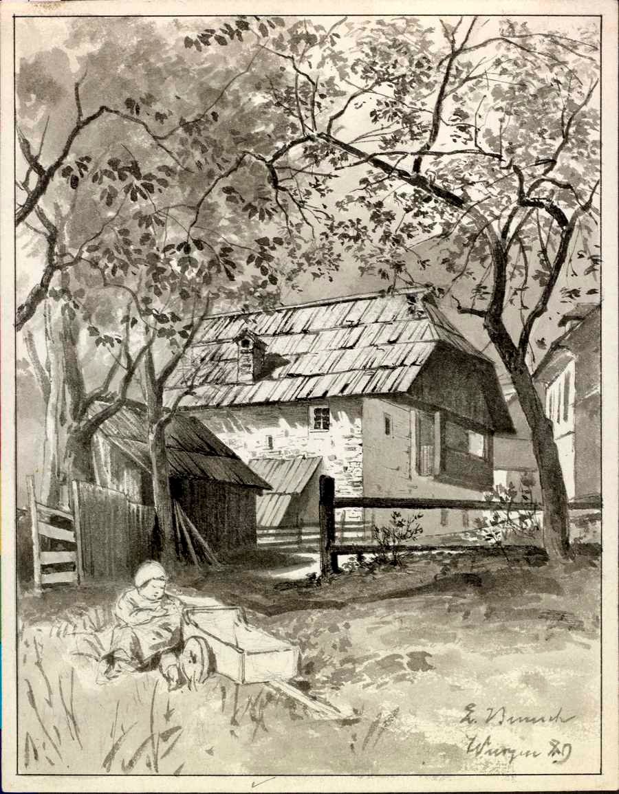 Motiv fra Podkoren med et barn i forgrunnen av Ladislav Benesch