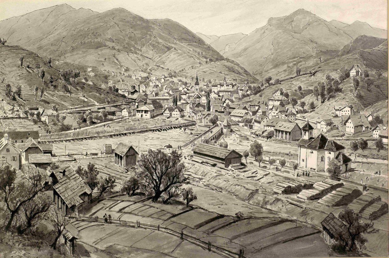 Utsikt over Idrija og Idrijca med rive av Ladislav Benesch