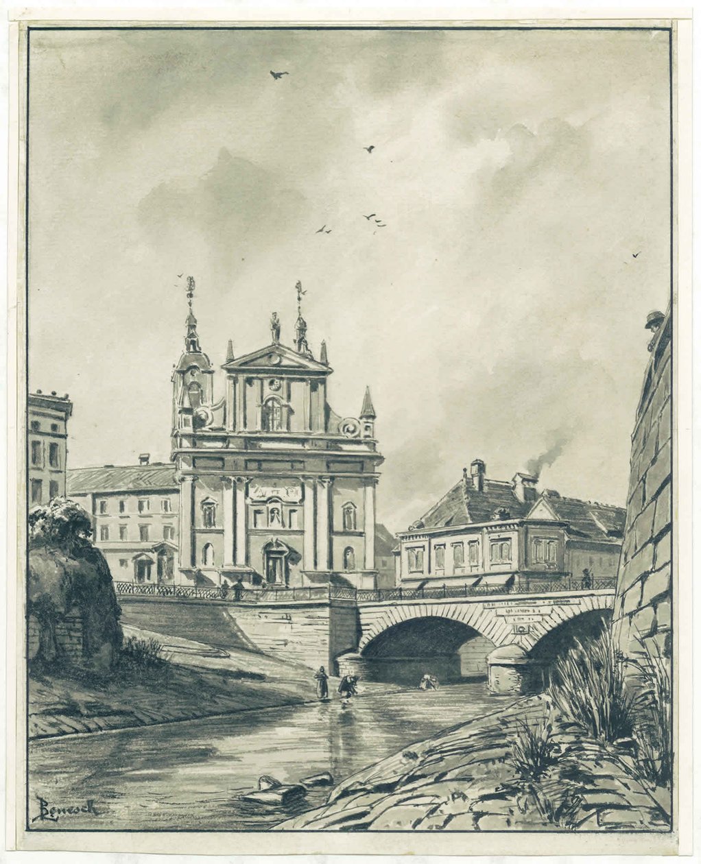 Utsikt over Ljubljanica, Francis Bridge og Franciscan Church i Ljubljanin av Ladislav Benesch