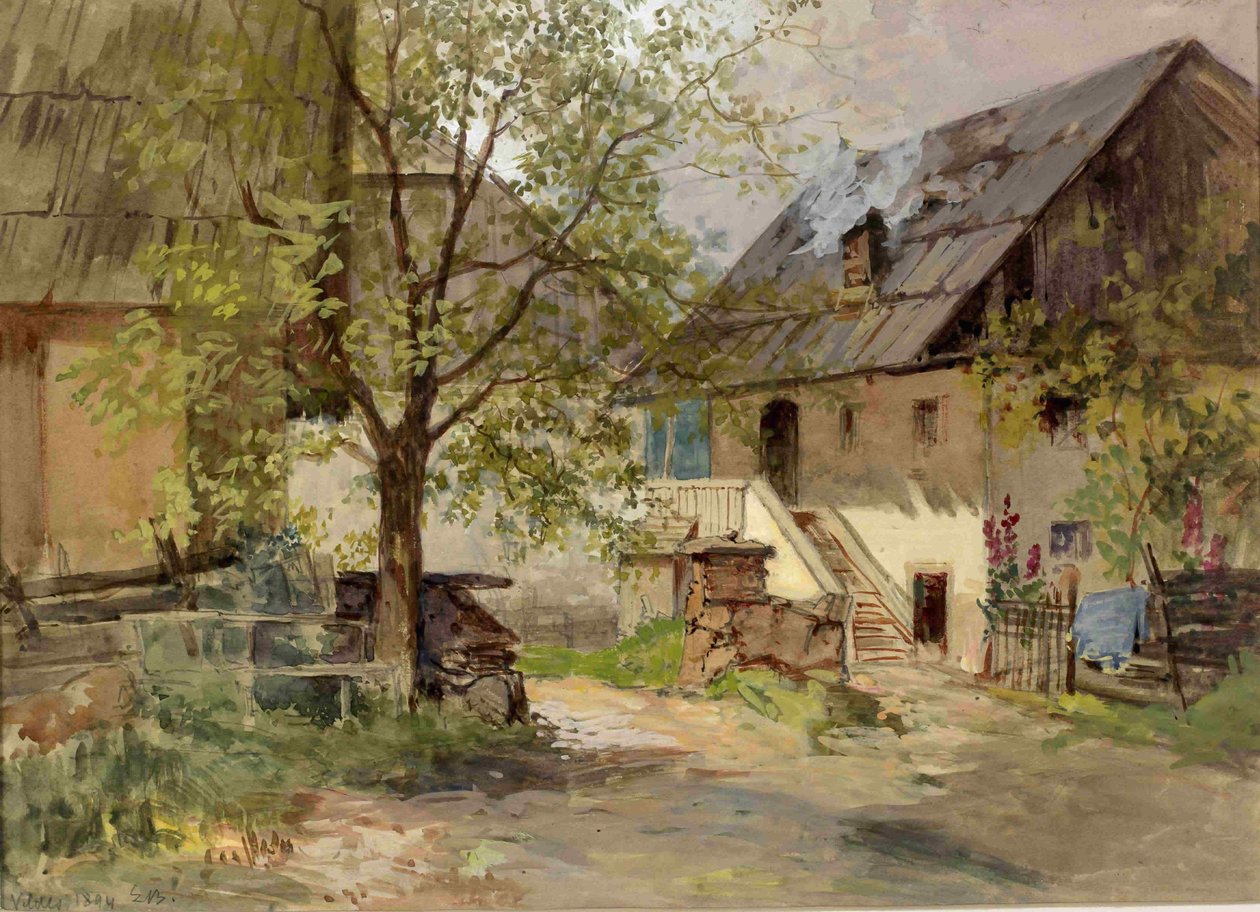 Landsbymotiv med hus og uthus fra Bled av Ladislav Benesch