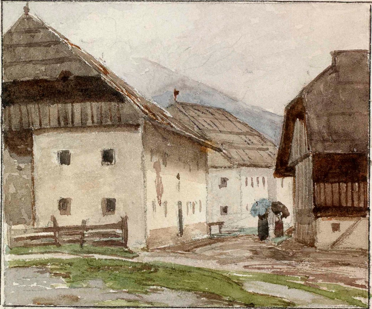Landsbymotiv med kvinner og paraply av Ladislav Benesch