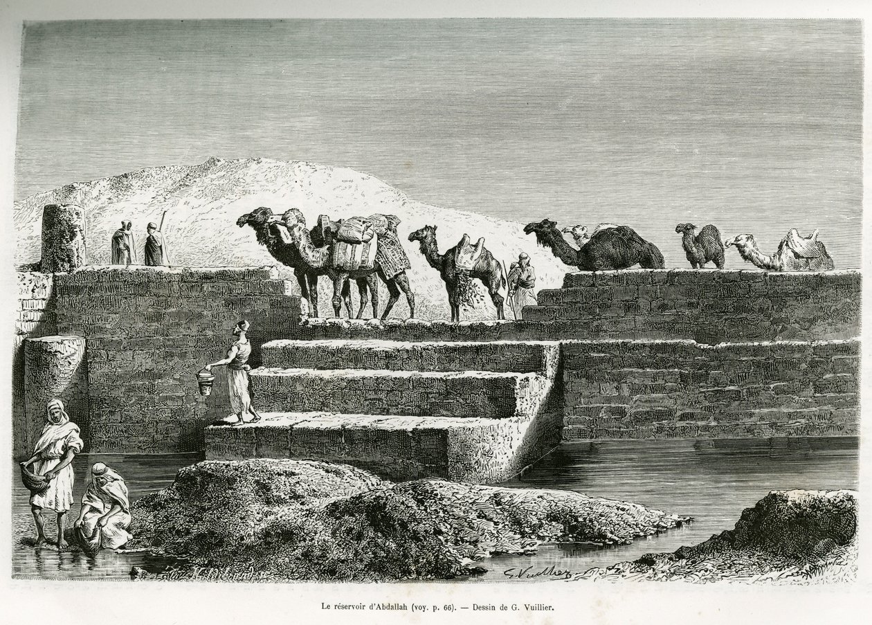 Reservoir of Abdullah, Saudi-Arabia, illustrasjon fra "Pilgrimage to Nejd, the cradle of the Arab race", publisert i World Tour, ledet av Edouard Charton (1807-1890) 1882 (litho) av Lady Anne Blunt