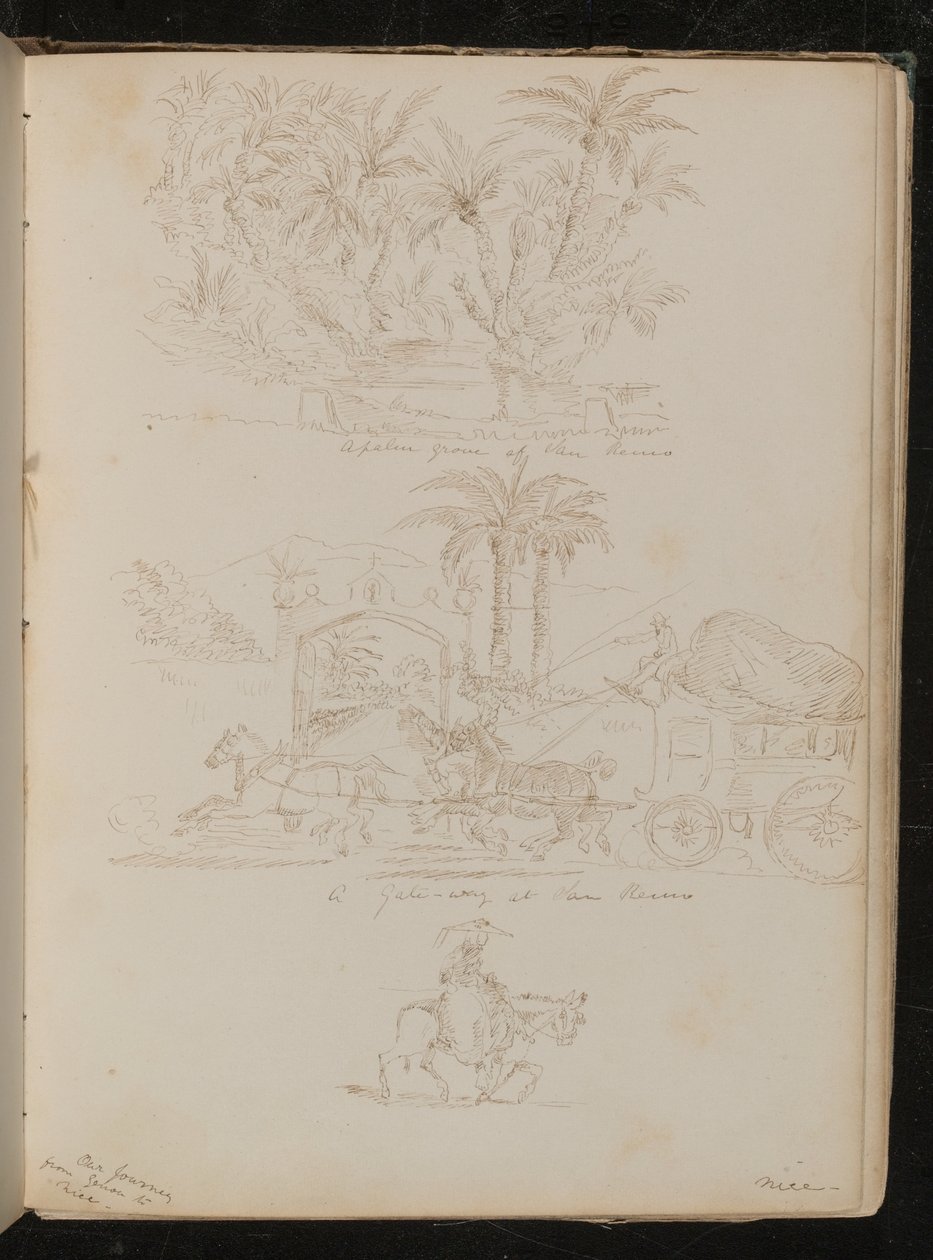 "En palmelund ved San Remo", en hestevogn foran "en port ved San Remo", en kvinneskikkelse på hesteryggen av Lady Butler