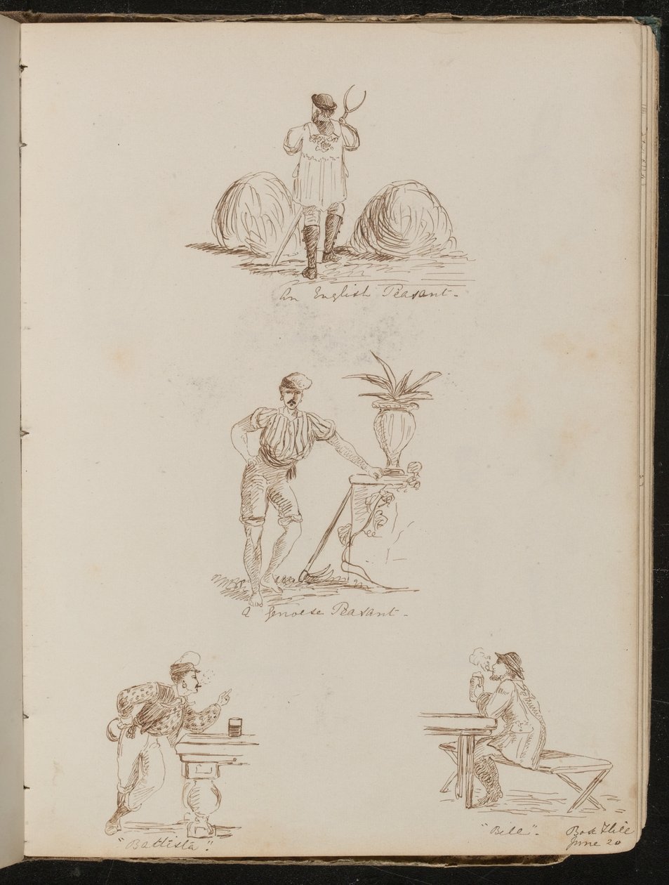 "English Peasant", "en Genoese Peasant", studie av figurer i tavernaer påskrevet "Battista" og "Bile", sted og dato "20. juni" av Lady Butler