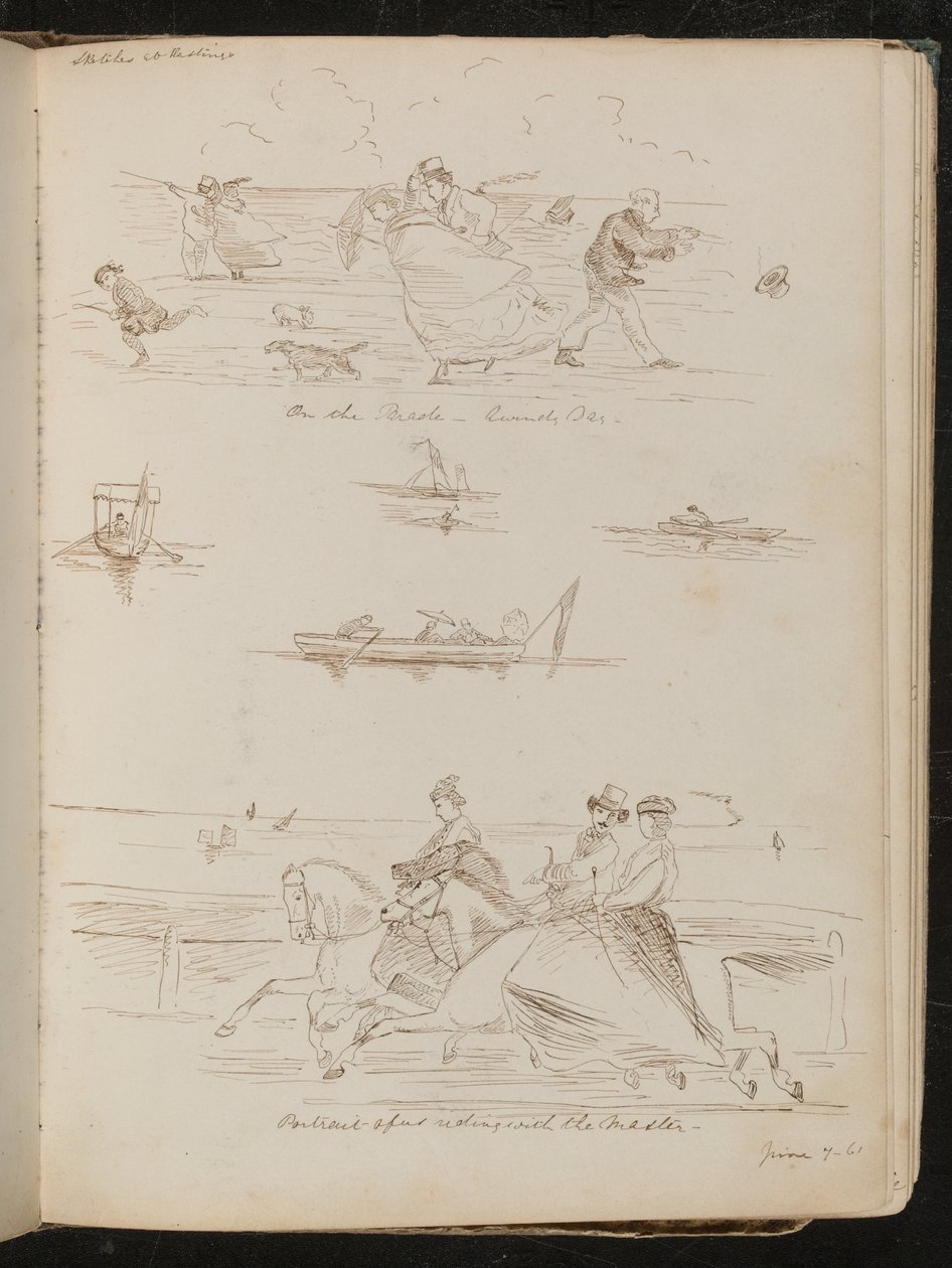 "On the Parade, a windy Day", båter med dagsturister, ryttere på hester påskrevet "riding with the master" av Lady Butler