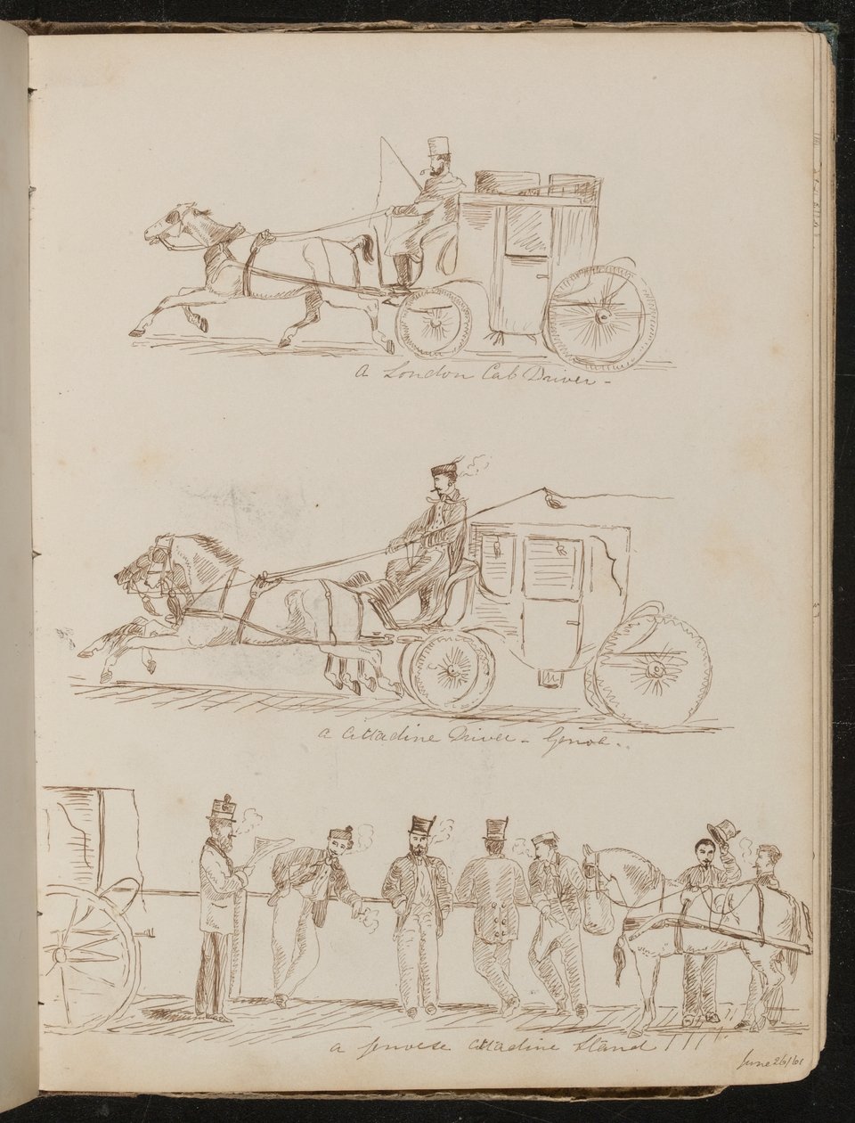 Studier av "en drosjesjåfør i London", "en Cittadine-sjåfør - Genova" og "en genovesisk Cittadine-stand", datert "26/61 juni" av Lady Butler