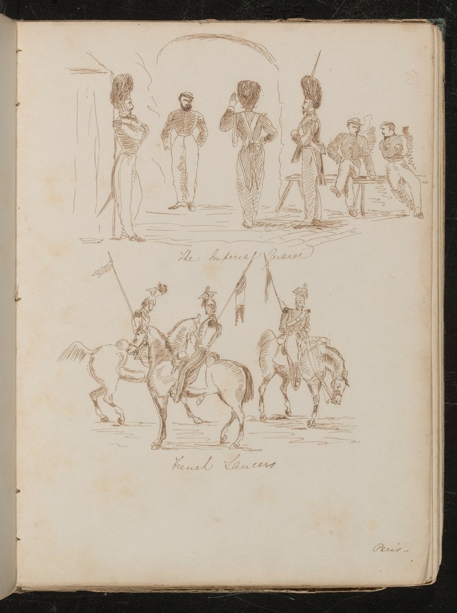 Studier av soldater påskrevet "Imperial Guards", soldater med flagg på hesteryggen påskrevet "French Lancers" av Lady Butler