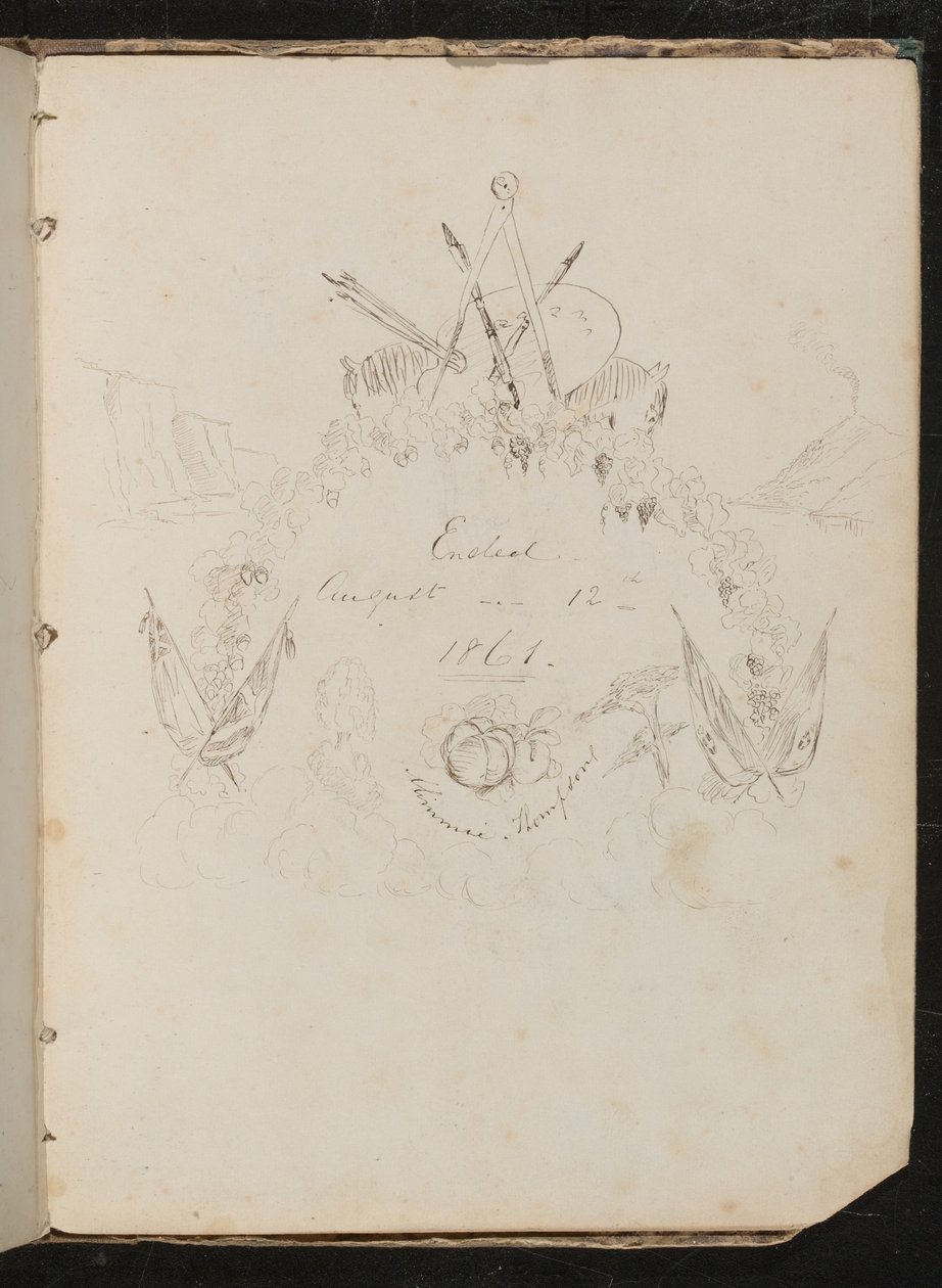Studie av kunstnermaterialer, sommerfugl, blomster, flagg, klippevegg og krans i våpenskjoldformasjon rundt inskripsjonen "Sluttet 12. august 1861" av Lady Butler