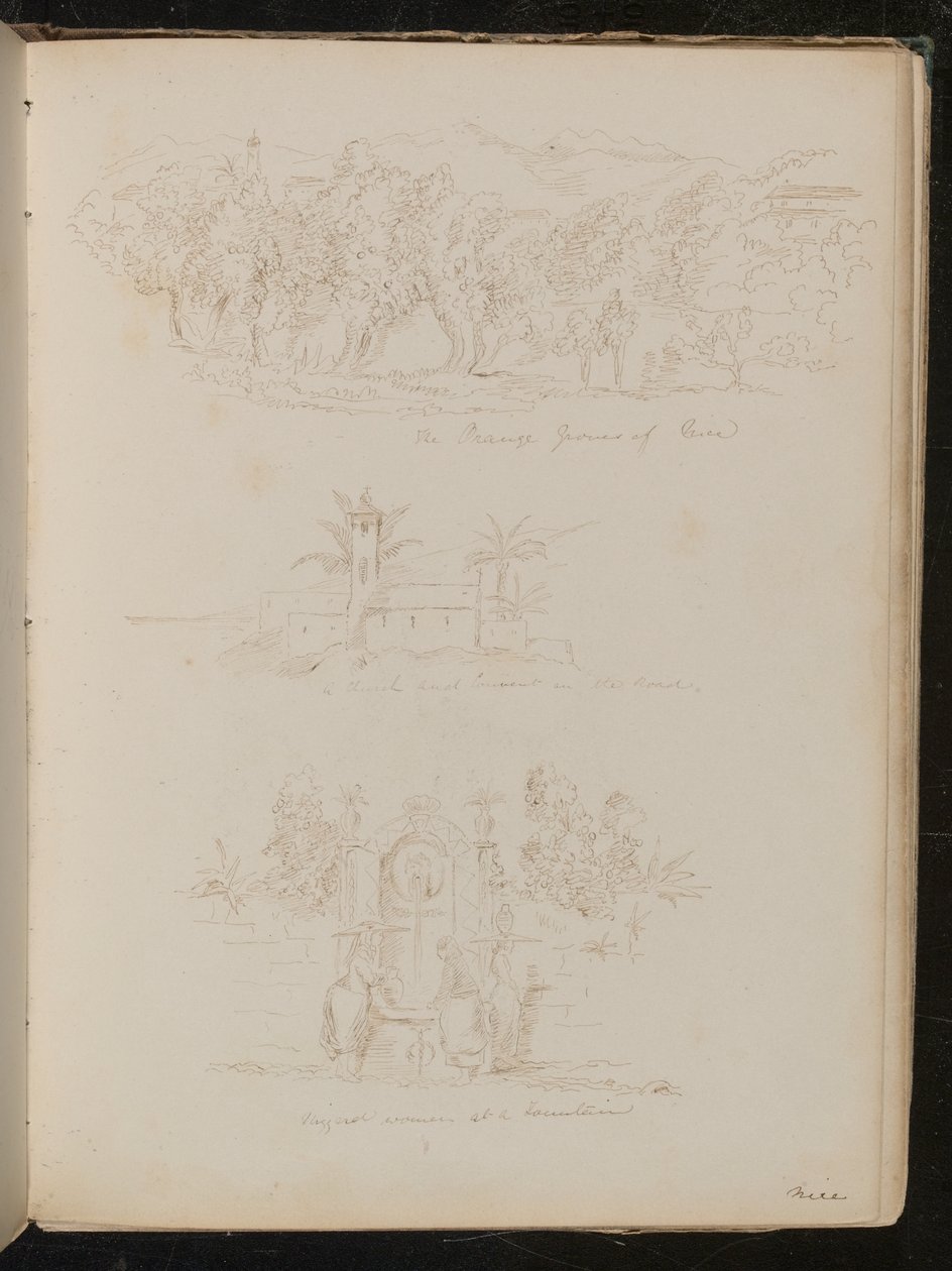Studie av "The Orange growers of Nice", en arkitektonisk studie av "en kirke og kloster på veien", en studie av "Nizzard-kvinner ved en fontene? av Lady Butler