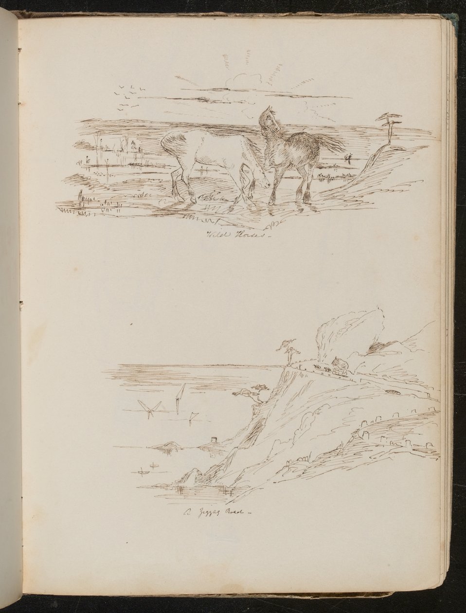 Studie av to hester i landskap påskrevet "Wild Horses", studie av kystscene og klippevegg påskrevet "en sikksakkvei" av Lady Butler