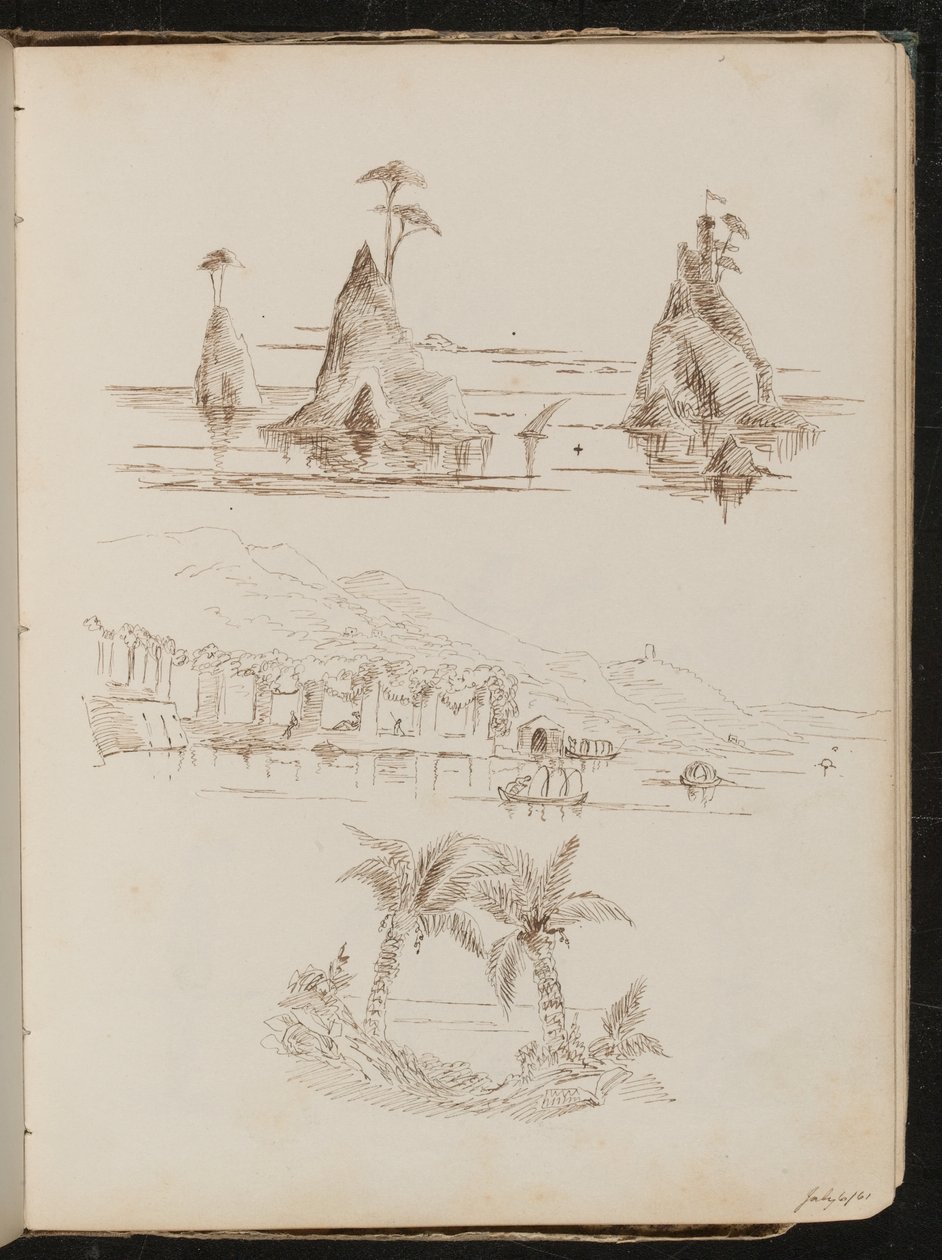 Tre studier av steinete øyer, et vannlandskap med mennesker og båter, og palmer av Lady Butler
