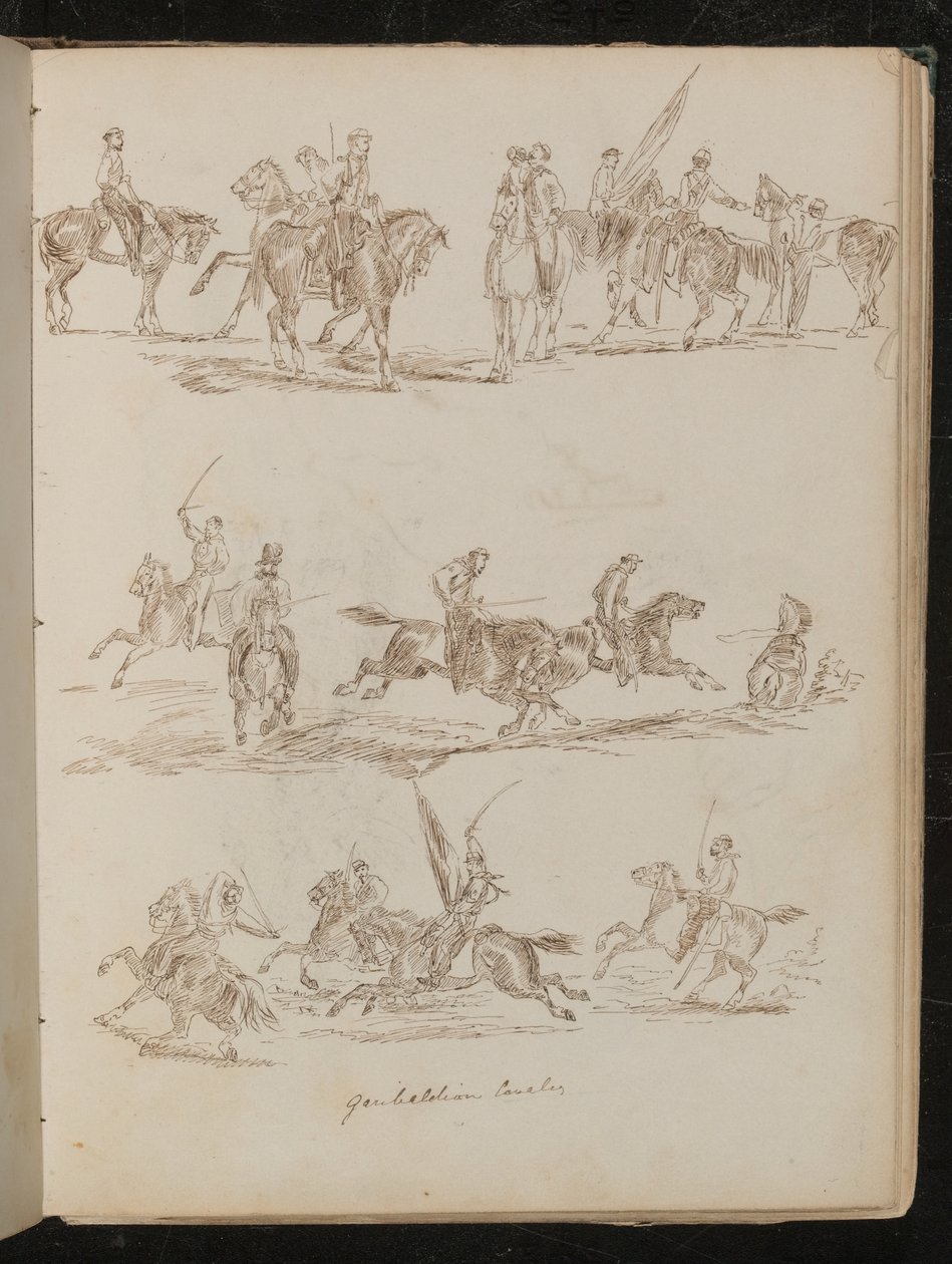 Tre studier av soldater på hesteryggen påskrevet "Garibaldian Cavalry" av Lady Butler