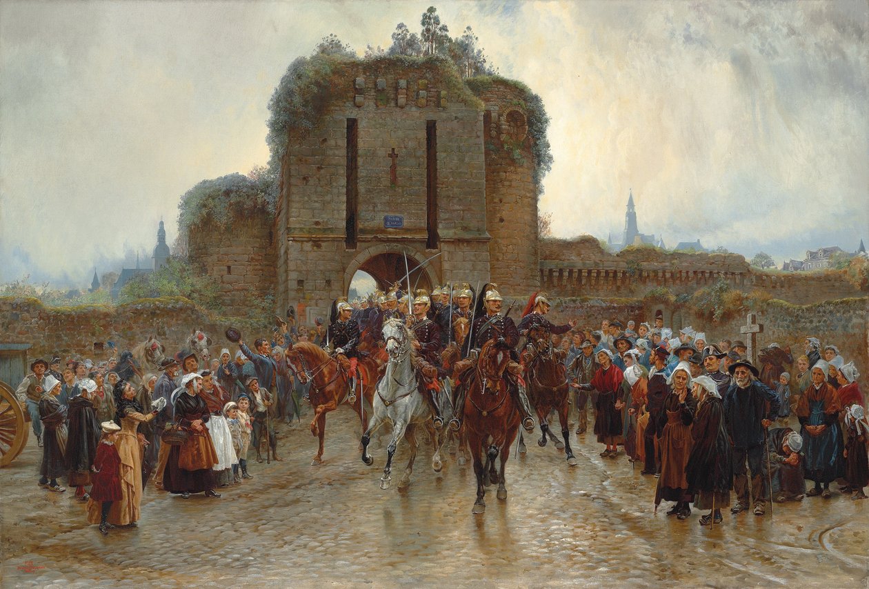 Til fronten: Fransk kavaleri forlater en bretonsk by ved krigserklæringen, 1888-89 av Lady Butler